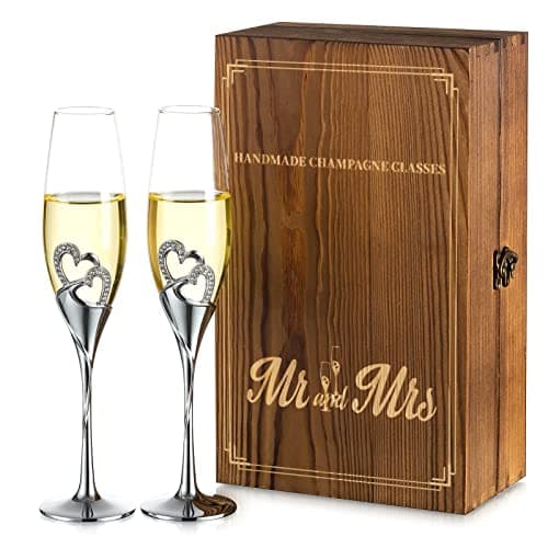 NUPTIO Flûtes à Champagne Mariage: Flûte à Champagne Personnalisée Coffret Cadeau en Bois Cristal Prosecco Verre Ensemble de 2, Ensemble Cadeau Argent Toast Anniversaire Fête Nuptiale Douches