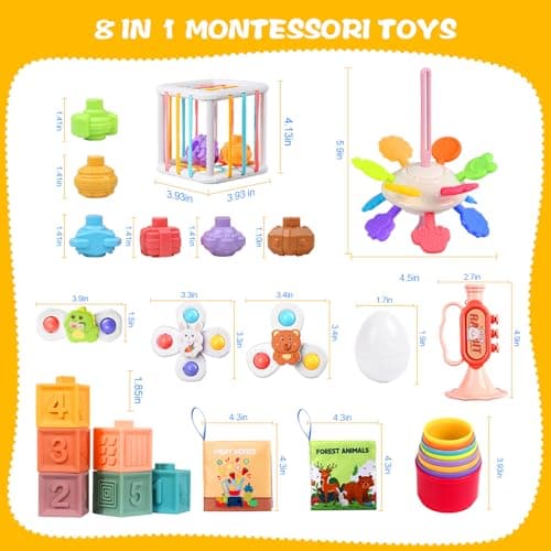 Richday 8 in 1 Montessori Jouets pour Enfants pour 6-12-18mois Empilage Blocs de Construction Corbeille Sensorielle Jouets de Dentition neonati Ragazze Ragazzi giocattoli Regali.