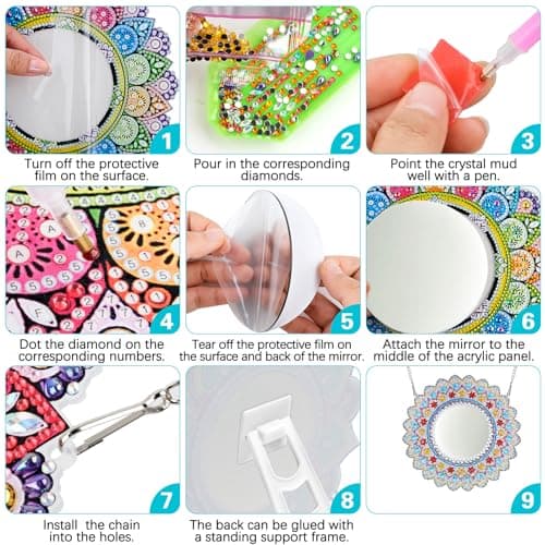 WuGU Diamond Painting Miroir Kit, 5D DIY Mandala Miroir Maquillage Diamant, Miroir à Peinture Diamant, Idee Cadeau Artisanat Cadeaux Filles Adolescentes et Adultes-C