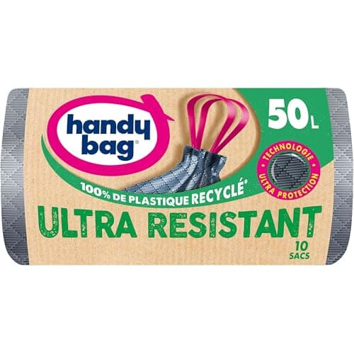 Handy Bag - Sacs poubelle à poignées coulissantes Ultra Résistant 50L x 10 sacs - Ultra Protection : trame et film triple épaisseur - Fond anti-fuite - Étanchéité maximale - 100% plastique recyclé