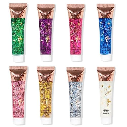 Gel Paillettes Corps, MKNZOME 8 pièces Paillette Visage Festival Maquillage Paillette Visage Gel Paillette Cheveux Glitter Makeup Colle gel Scintillant à Paillettes Longue Durée pour Fête Noël Pâques