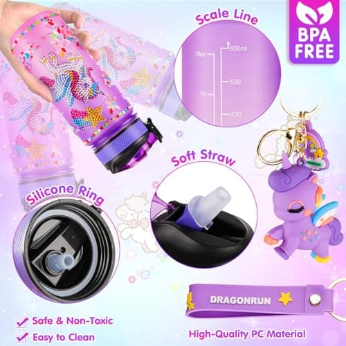 HGRGHH Licorne Bricolage Gourde, 600 ml Fille DIY Gourde, Kit de Loisir Créatif Enfant, Jeux Créatif Fille 5 6 7 8 9 10 Ans pour Cadeau Noël Anniversaire Cadeau, Sans BPA avec Autocollants, Porte-clés