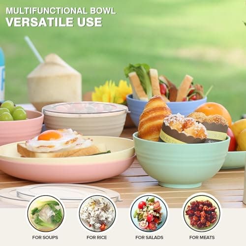Greentainer Lot de 8 grands bols à céréales incassables avec couvercles – Lot de 8 bols en plastique légers de 700 ml – Passe au lave-vaisselle et au micro-ondes – Pour céréales, salade, soupe,