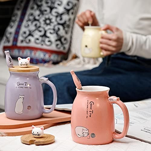 Chat Tasse Jolie tasse à café en céramique avec couvercle et cuillère en bois chat kawaii Nouveauté Morning Cup Tasses à thé au lait au café Tasses de chat pour les amoureux des chats Femmes (Jaune)