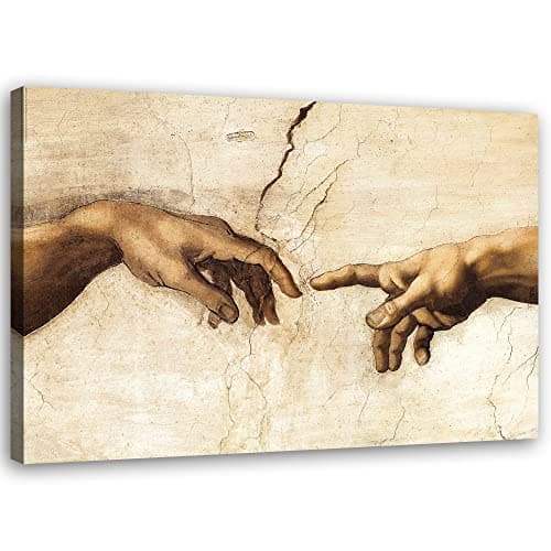 Feeby Impression sur Toile Intissee Reproduction Michel-Ange La création d'Adam 60x40 cm Tableau Moderne Tableau Photo Chambre à Coucher Chapelle Sixtine Mains Voûte beige