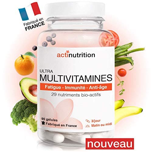 ULTRA Multivitamines | 29 Nutriments Bio-actifs dont Vitamines C & D + Ferments Lactiques | 90 gélules | Pour Vitalité, Immunité et Stress | Fabriqué en France par Actinutrition
