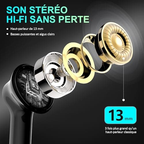 Ecouteurs Bluetooth sans Fil, Bluetooth 5.3 Ecouteurs sans Fil,Ecouteurs Hi-FI Son Stéréo,Écouteurs 35H Durée de Lecture CVC Réduction de Bruit USB C Casque for iOS Galaxy Xiaomi Oppo Android