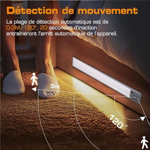 EverBrite Lampe Detecteur de Mouvement Interieur, Lampe de Placard 78 LED, Lumière Réglable 3000K/4000K/6500K, 3 Modes, Télécommande, Veilleuse Rechargeable USB pour Armoire, Cuisine, Salle de Bains