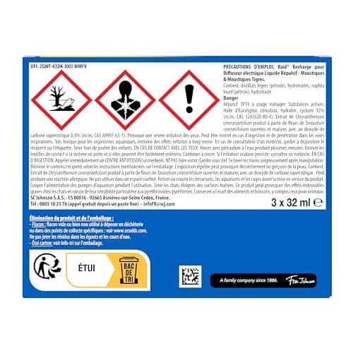 Raid Recharges Liquides Pour Diffuseur Electrique Répulsif Moustiques Et Moustiques Tigres - 3x45 nuits – 3 Recharges 3x32ml