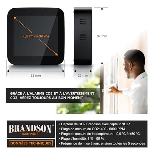 Brandson - Moniteur de qualité de l'Air 5 en 1, Détecteur de CO2, Moniteur de Dioxyde de Carbone, Température, Humidité - USB - pour Maison, Bureau, Salle de Sport, Voiture
