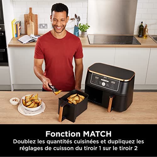 NINJA Foodi MAX Dual Zone Air Fryer, 2 Tiroirs, 9,5L, 6-en-1, Sans Huile, Air Fry, Max Crisp, Rôtir, Cuire, Paniers Antiadhésifs Lavables Au Lave-Vaisselle, Cuivre/Noir Exclusivité Amazon AF400EUCP