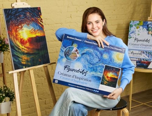 Figured’Art Diamond Painting Broderie Diamant 40x50cm Avec Cadre Toile Tendue Strass Perles Carrés - Vague et coucher de soleil - Kit Complet 5D DIY Activité Manuelle Loisirs Créatifs Adultes
