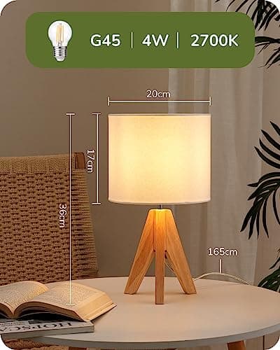 EDISHINE Lampe de Chevet Lot de 2, E27 Douille, Trépied Vintage, Ampoule Incluse, 36 x 20 x 20 cm, Lampe de Table en Bois pour Chambre à Coucher, Salon, Hôtel, Abat-jour en Lin Blanc