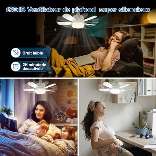 VARICART Silencieux Ventilateur Plafond avec Lumière et Telecommande, Ventilateur Plafond avec Douille E27, 3 Températures de Couleur 3000K-6000K Dimmable LED Ventilateur Plafond, 6 Vitesses, 5 Pales