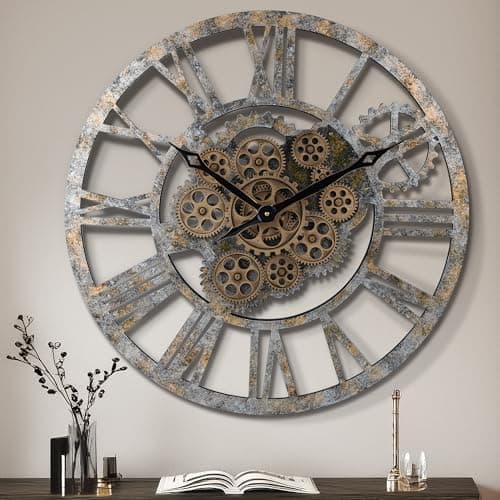 Lafocuse Horloge Murale Geante avec Engrenages Mobiles, Marron Industrielle Bois, Steampunk XXL Vintage Pendule Murale Retro, Chiffres Romains 57cm pour Salon Bar Bureau