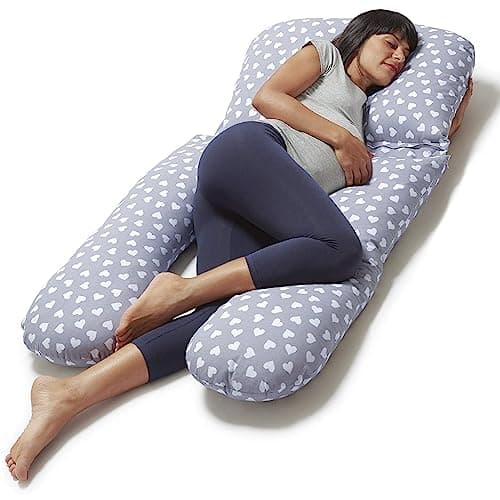 Niimo Coussin de Positionnement - Coussin de Grossesse en U - Coussin de Grossesse pour Dormir - Multifonction et Adapté Allaitement - Housse 100% Coton (Gris avec cœurs Blancs)
