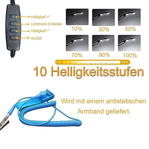 Loupe avec lumière, Lampe de bureau Led 10X avec pince et base 5 modes de couleur 10 niveaux de gradation Lampe à pince pour seniors Aide à la lecture Lampe de travail bricolagenn Loupe de lecture
