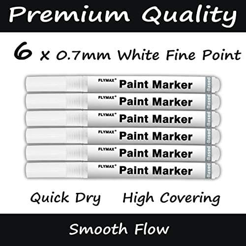 FLYMAX Lot de 6 marqueurs blancs de 0,7 mm pour bois, pierre, plastique, cuir, pierre, métal, toile, céramique, pointe extra fine, encre opaque