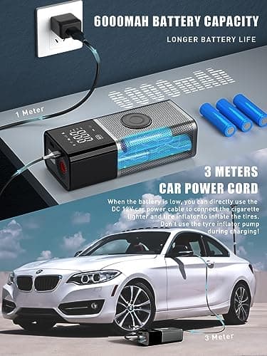 OneAmg Compresseur à Air Portatif 6000mAh Batterie USB Rechargeable Gonfleur Pneus Voiture sans Fil 150PSI/10,3Bar/12V/120W avec Éclairage d'urgence LED et 5 Modes de Gonflage pour Velo Moto Ballon