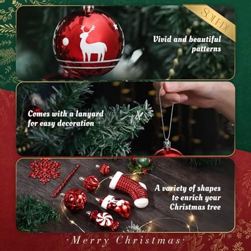 SOLEDI Lot de 128 Boule de Noel - Decoration Noel Sapin - Boules de Noël en Plastique Incassable - pour Decoration Noel Extérieur ou Intérieure - Décorer Sapin de Noël - Deco Noel (Rouge et Blanc)