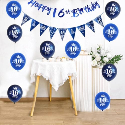 Bleu guirlande Happy 16th Birthday bannière + 16 ans anniversaire drapeaux triangulaires + 16 pcs 16 ans anniversaire ballons 16 ans anniversaire garcon décoration anniversaire 16 ans garcon Bleu