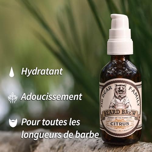 Huile barbe Hommes Mr Bear Family - Citron - Entretient la barbe - Huile pour pousse de la barbe hydratante à l’huile de Jojoba & d’Argan - Huile à barbe Hommes - Soin barbe hydratant Homme 30 ml