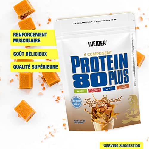 Weider Protein 80 Plus protéine en poudre, Toffee-Caramel, faible teneur en glucides, mélange de lactosérum de caséine multi-composants pour shakes protéinés, 500 g