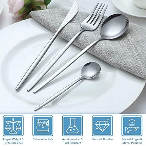 Couverts de table pour 6 personnes, Pleafind 24 pièces couverts en argent, set couverts de table, couverts inox avec couteau, fourchette, cuillère, passe au lave-vaisselle et poli miroir