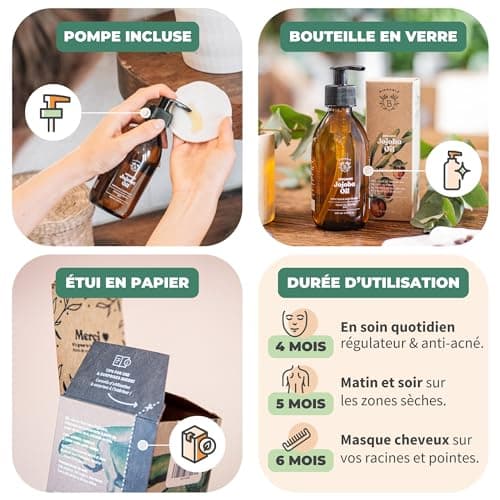 Bionoble Huile de Jojoba Bio 200ml + Pompe - Bouteille en Verre - 100% Pure, Naturelle, Pressée à Froid - Huile de Jojoba pour Cheveux Visage Corps - Vegan Jojoba Oil, Huile Jojoba Bio