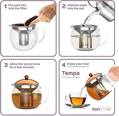 bonVIVO Théière avec Infuseur à Thé TEMPA avec Passoire en Inox Amovible, Théière pour Thé en Vrac, Theiere en Verre Borosilicaté Résistant à La Chaleur avec Couvercle en Cuivre, 1,5 Litre