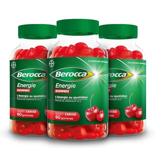 Berocca® Energie gommes - Multivitamines Complément alimentaire - Source de vitamines B* et vitamine C - Réduction de la fatigue, donne de l'énergie au quotidien - Goût Cerise - 3x60 gommes
