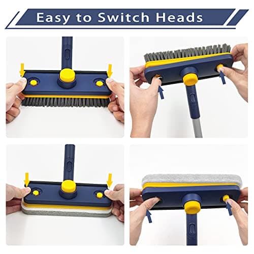 JEHONN Brosse de Nettoyage avec Manche Long, 3 en 1 pour Baignoire et Carrelage, Brosse à Récurer Amovible à Poils Rigides et Tête éponge pour Salle de Bain, Baignoire, Sol