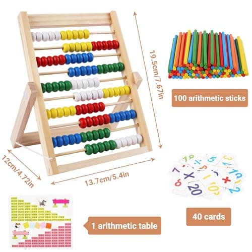 RNHDLY Boulier Enfant, Boulier Règle à Calcul, Abaque en Bois Aide au Calcul avec 100 Perles, Baguettes de Comptage, Cartes Numériques, Boulier Abaque Enfant Bois pour Les Enfants à Partir de 3 Ans