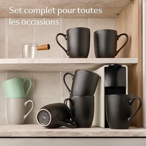 Cosumy Tasse à Café - Lot 6 Tasses à Café Noir - Modèle Unique - Céramique Mate - Résistant Micro-Ondes & Lave-vaisselle - Poignée Confortable