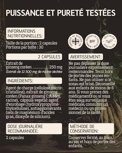 Ginseng Rouge de Corée Panax - Extra Fort 12 500 mg - 60 Gélules - Extrait de Racine de Ginseng avec 20% de Ginsénosides - Vegan