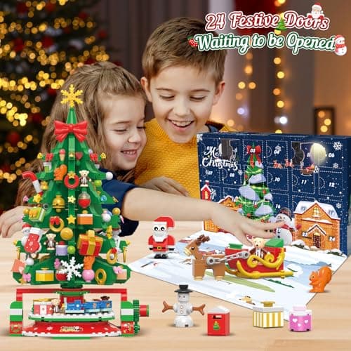 HOGOKIDS Calendrier de l'Avent 2024 Mini-arbre de Noël rotatif avec lumière LED, compte à rebours de Noël de 24 jours, blocs de construction, cadeau de Noël pour adultes et enfants de 8 ans et plus