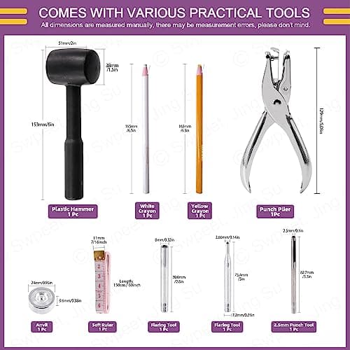 Swpeet Lot de 60 boutons-pression en cuir de 12,5 mm et pince perforatrice avec 4 outils de fixation, boutons pression en cuir, boutons pression en métal