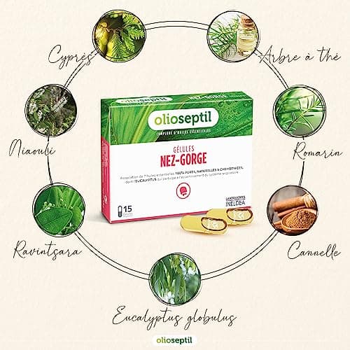 OLIOSEPTIL - Gélules Nez-Gorge - Complexe de 7 Huiles Essentielles Pures et Chémotypées - Assainit le Système Respiratoire & Apaise la Gorge - Dès 15 Ans - 15 Gélules