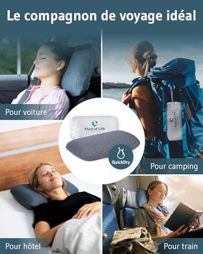 Oreiller Cervical de Voyage VOLAR Quickdry | Petit Coussin Cervical Ergonomique à mémoire de Forme | Housse avec Thermorégulation et à Séchage Rapide | Parfait pour Voyager et Le Camping | 40x25cm