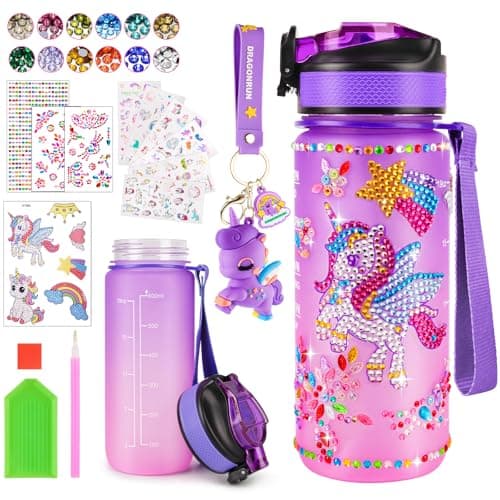 HGRGHH Licorne Bricolage Gourde, 600 ml Fille DIY Gourde, Kit de Loisir Créatif Enfant, Jeux Créatif Fille 5 6 7 8 9 10 Ans pour Cadeau Noël Anniversaire Cadeau, Sans BPA avec Autocollants, Porte-clés