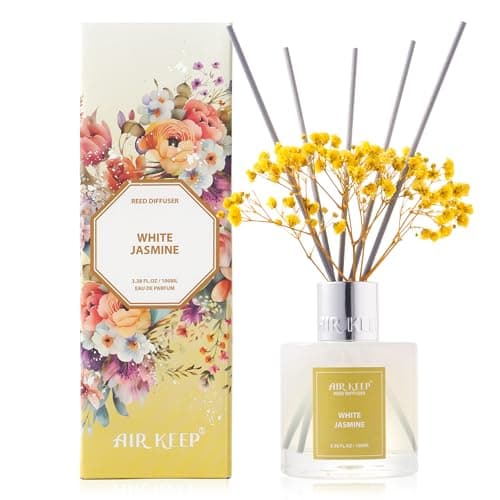 Airkeep Diffuseur de Parfum White Jasmine, Diffuseur Parfum Maison avec 8 Bâtonnets Diffuseur Parfum, Decoration pour Chambre, Salon, Salle de Bain, Bureau, 100ml