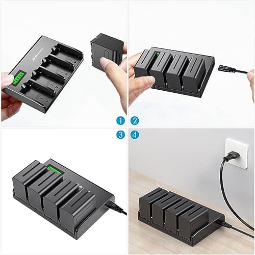 Powerextra NP-F970 Batteries Lot de 4 Batteries et Chargeur 4 canaux pour NP-F970, NP-F960, NP-F950, NP-F930, NP-F770, NP-F750, NP-F570, NP-F550