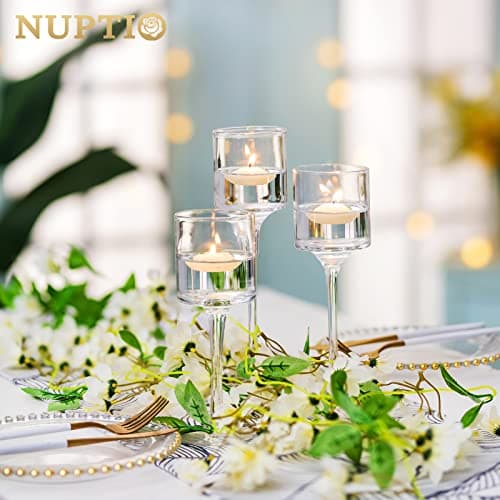NUPTIO 1 Ensemble Bougeoirs Verre pour Bougie Pilier et Bougies Flottantes, Bougeoir Photophore en Verre Bougeoirs Table Clairs pour Pièce Maîtresse Fête Mariage Noël Halloween Décor À la Maison