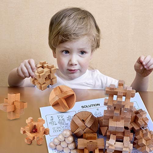 OBEST 9 Piezas Rompecabezas de Madera,Rompecabezas de lógica para el Entrenamiento Cerebro,Ejercicio Mental,IQ Puzzle Juguetes educativos,3D Brain Teaser entrelazados Rompecabezas para niños y Adultos