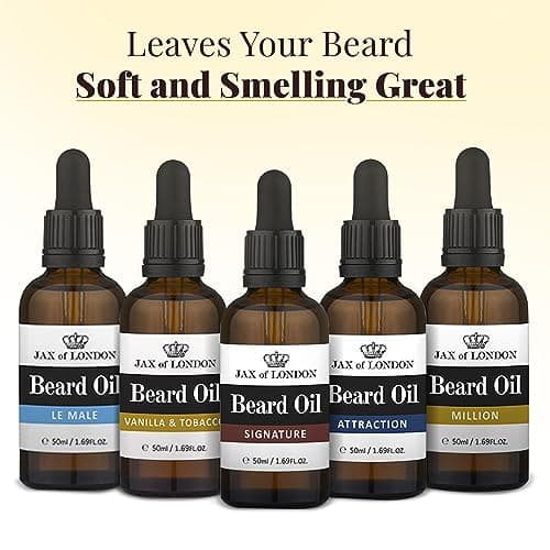 Jax of London Huile à barbe Million pour homme, huile de soin pour la barbe, huile de croissance pour la barbe pour hommes, composée de vitamine E, d'huile d'amande, d'huile de jojoba, parfum luxueux