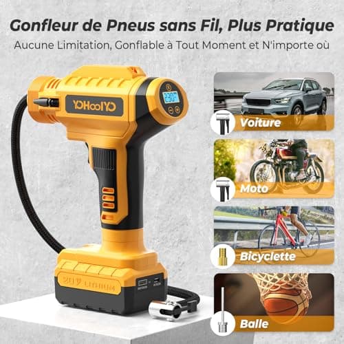 YOHOOLYO Compresseur à Air Portatif Compresseur Voiture 150PSI Gonfleur Pneus Voiture Arrête Automatique avec Ecran LCD Lumière LED Type-C Câble 4 Buses pour Voiture Moto Vélo Balle