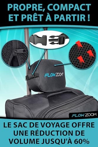 FLOWZOOM Dream Coussin de Voyage en Mousse à Mémoire pour Avion et Voiture – Oreiller de Voyage avec Côtés Rehaussés pour Un Meilleur Soutien, Housse Lavable et Pochette de Transport – Noir