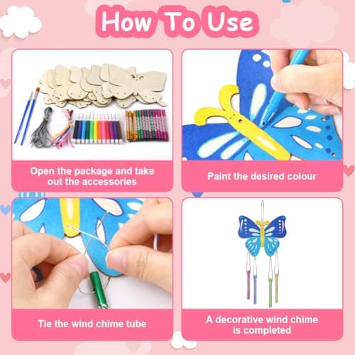 Ainiv 8 Pcs Kits Bricolage Papillon Carillon à Vent en Bois, Loisirs Créatifs pour Filles, DIY Artisanat pour Activité Manuelles Enfants, Décoration pour Jardin, Cadeau Anniversaire 4 5 6 7 8 9 10 Ans