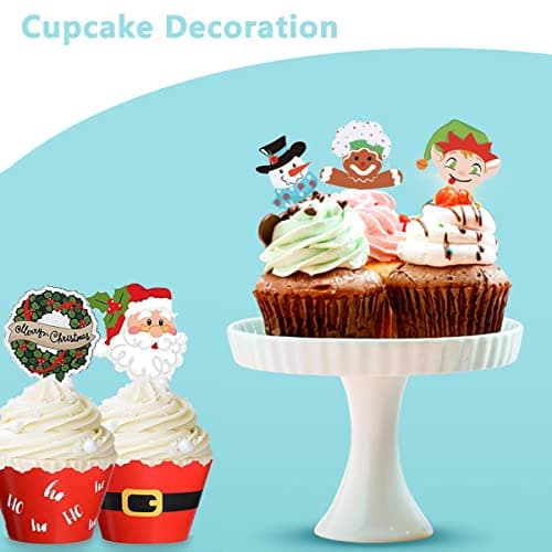 96 Pièces Décoration de Gâteau de Noël,Deco Gateau Noel,Sapin de Noël Gingerbread Men Père Noël Bonhomme de Neige Renne Elfe Pingouin Guirlande de Noël Décorations de Gâteaux de Noël,Cupcake Toppers