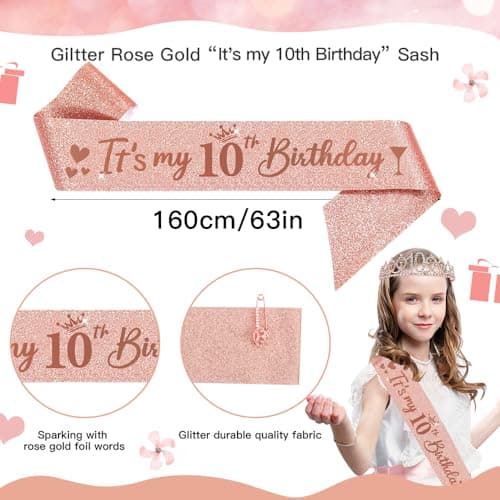10 Ans Fille, Écharpe Couronne Anniversaire, Ballon Chiffre 10 Or Rose, Bougies, Gâteau Topper Happy Birthday, Cadeau 10e